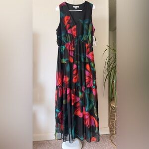 Robbie Bee Black Maxi Dress with Red, Pink and Teal Floral Design